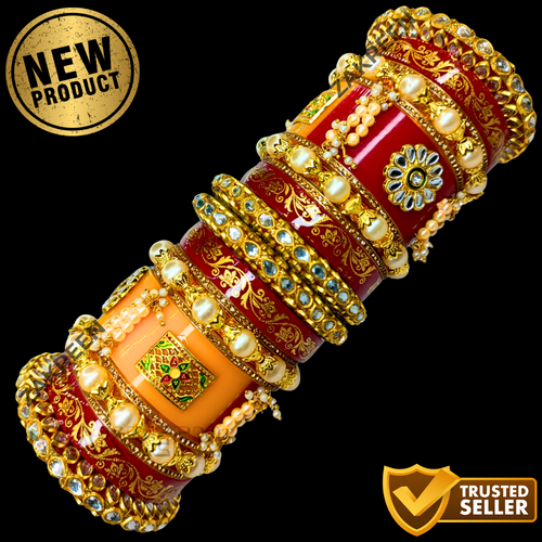 Royal Bridal Chura Set: Red and Yellow Kundan, Pearls & Intricate Carving