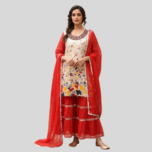 Red Printed Anarkali Suit Set with Embroidered Neckline & Dupatta