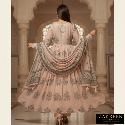 Zakreen Women’s Anarkali Style Printed Kurta Set with Dupatta | Elegant Ethnic Wear for Ladies | Designer Festive Suit