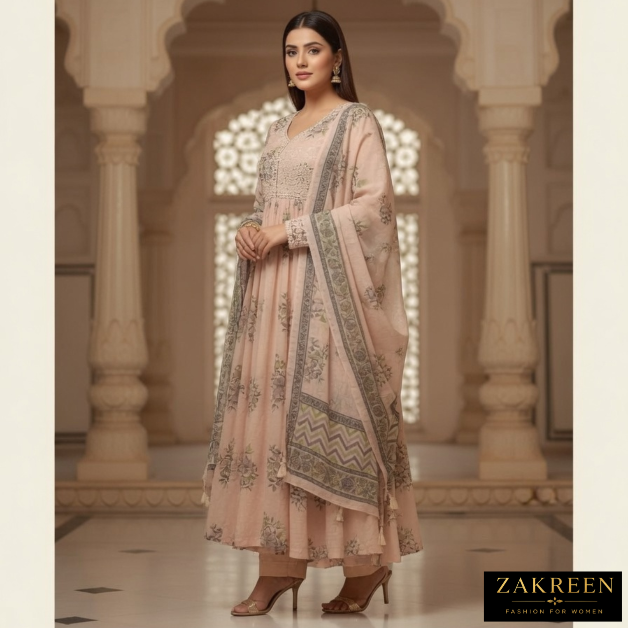Zakreen Women’s Anarkali Style Printed Kurta Set with Dupatta | Elegant Ethnic Wear for Ladies | Designer Festive Suit