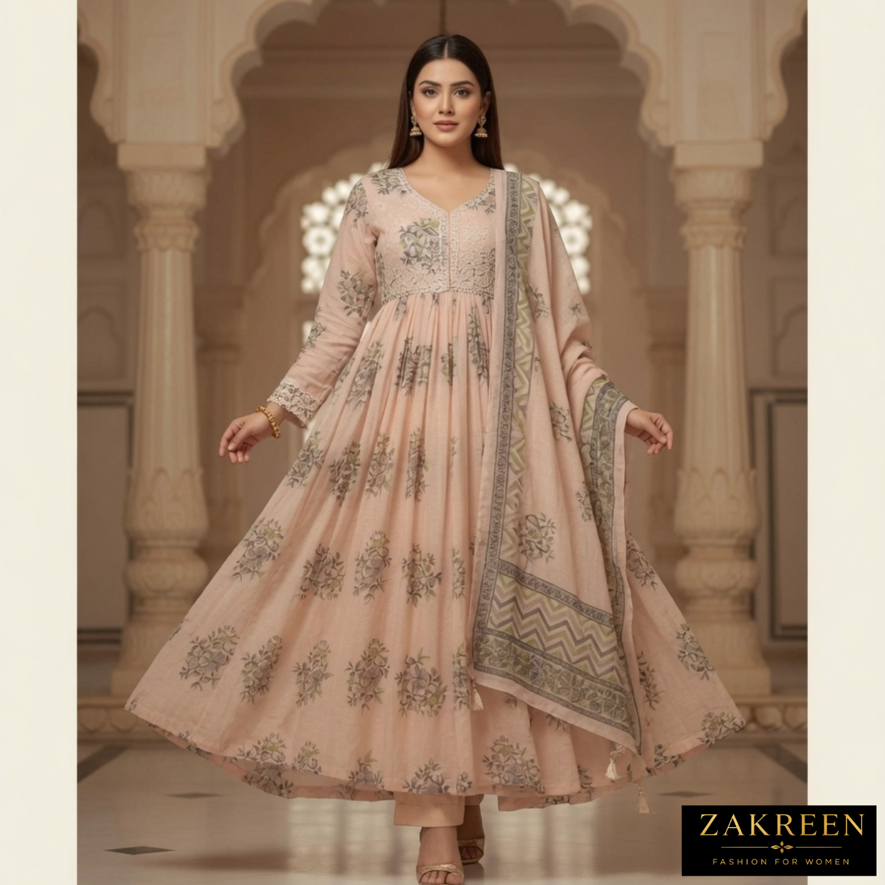 Zakreen Women’s Anarkali Style Printed Kurta Set with Dupatta | Elegant Ethnic Wear for Ladies | Designer Festive Suit
