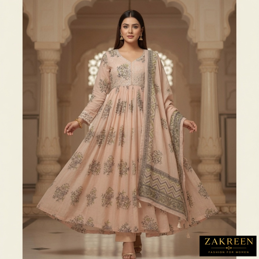 Zakreen Women’s Anarkali Style Printed Kurta Set with Dupatta | Elegant Ethnic Wear for Ladies | Designer Festive Suit