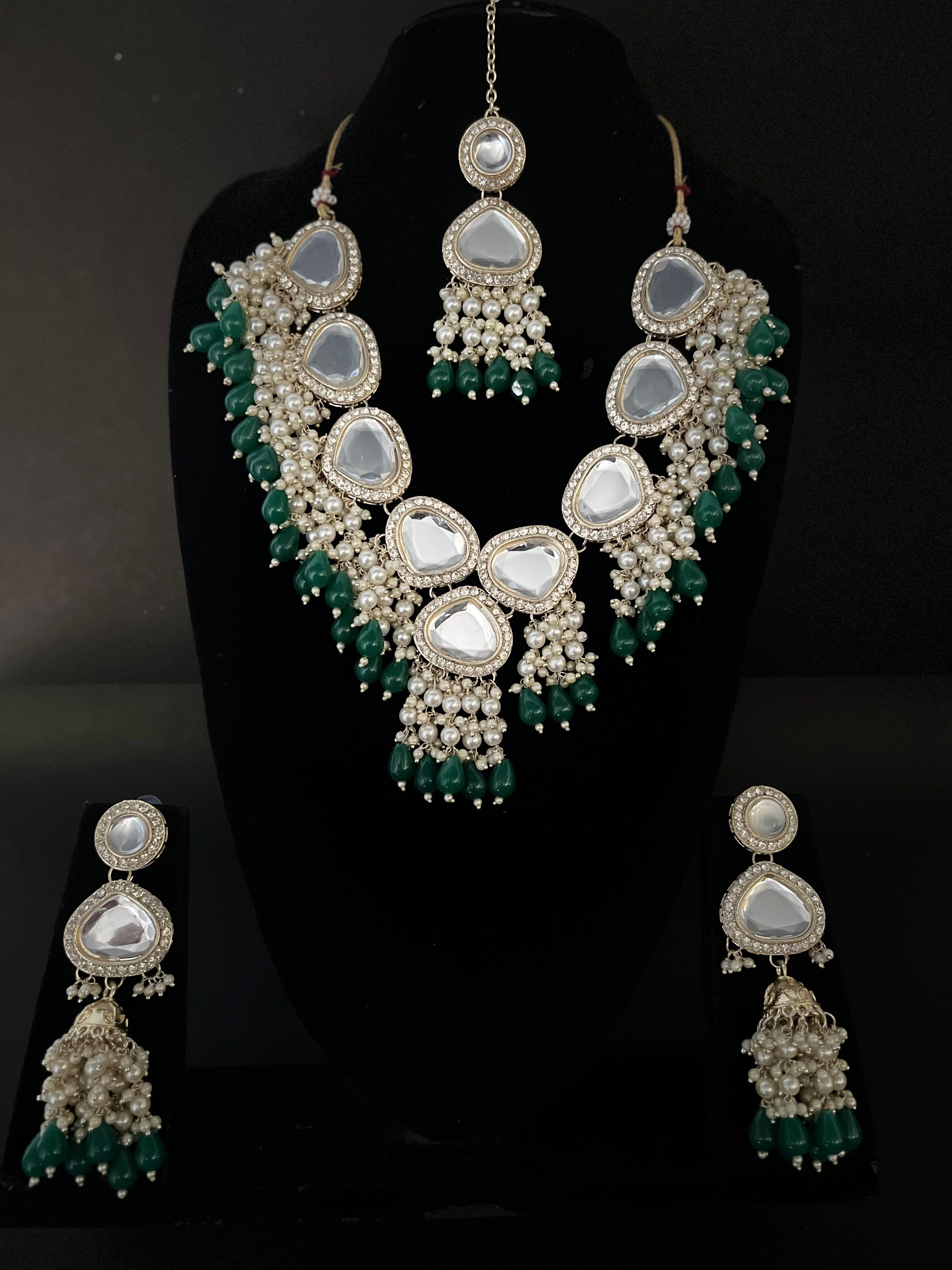 ✨ Royal Pearl & Green Beads Kundan Necklace Set with Earrings | Zakreen Collection ✨