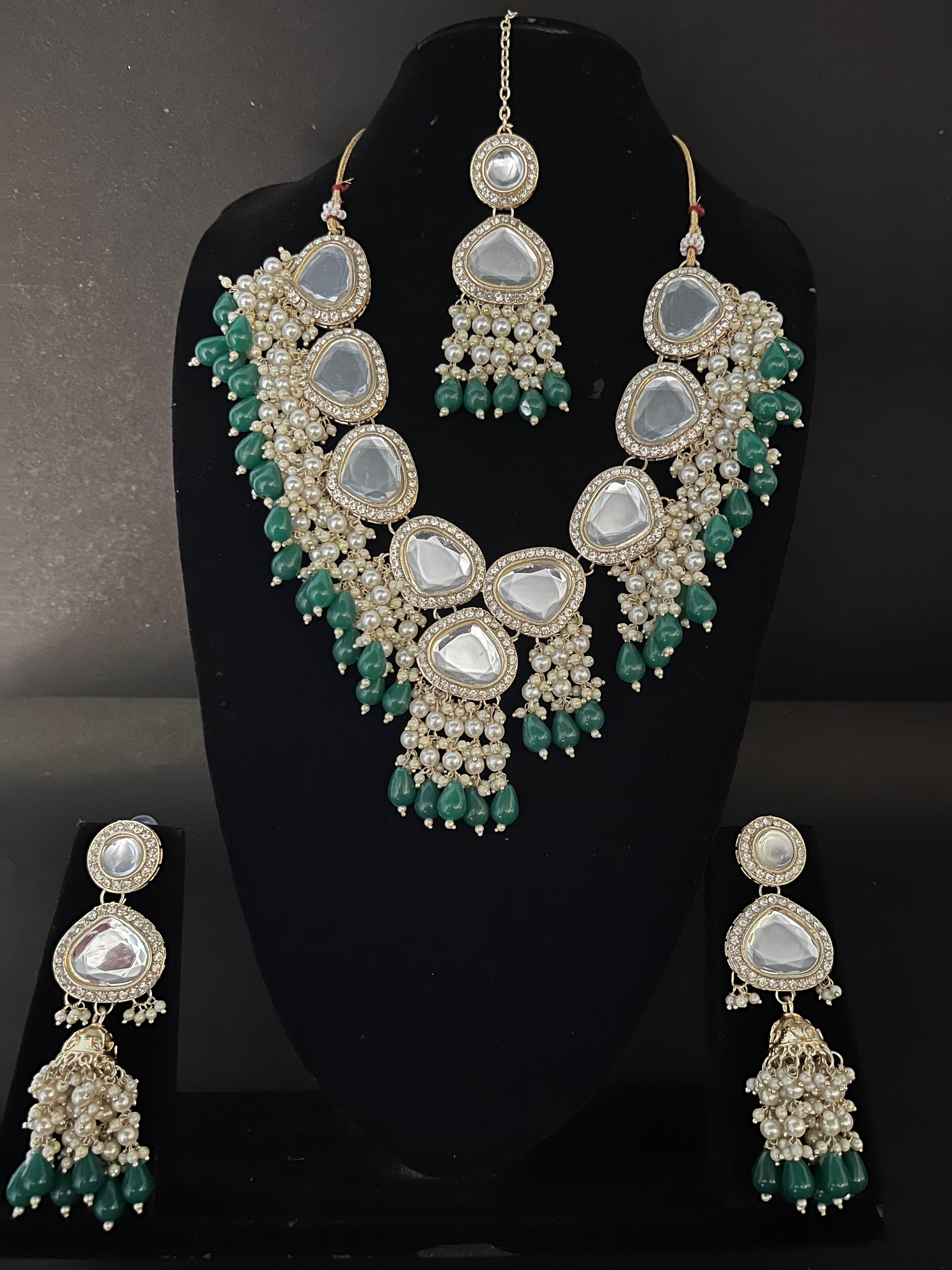 ✨ Royal Pearl & Green Beads Kundan Necklace Set with Earrings | Zakreen Collection ✨