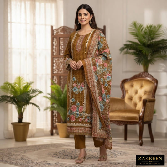 Women's Brown Floral Printed Cotton Pakistani Style Kurta Pant Set with Dupatta