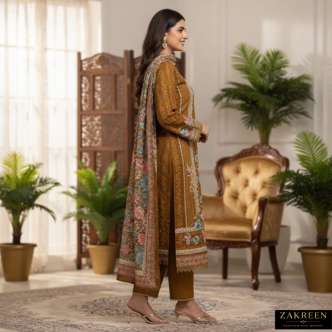 Zakreen Women's Brown Floral Printed Kurta Pant with Printed Dupatta