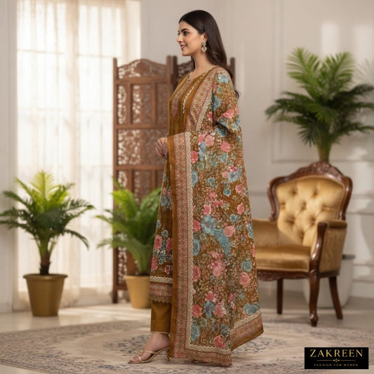 Zakreen Women's Brown Floral Printed Kurta Pant with Printed Dupatta
