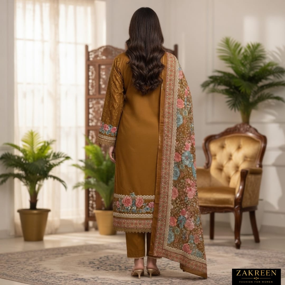 Zakreen Women's Brown Floral Printed Kurta Pant with Printed Dupatta