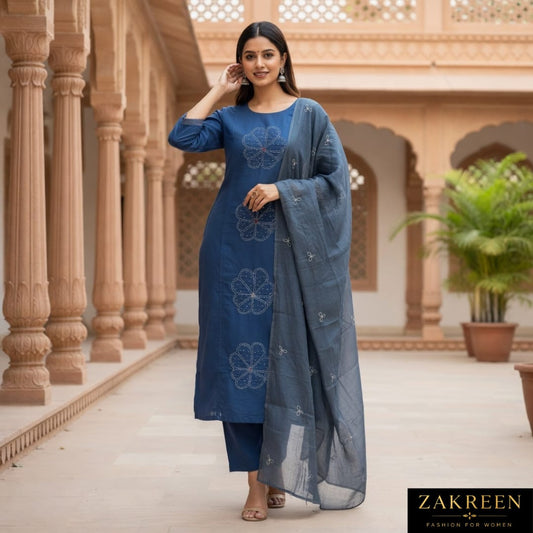 Women's Blue Embroidered Cotton Kurta Pant Set with Dupatta