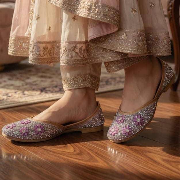 Purple Floral Crystal Embellished Women's Mule Jutti | Zakreen