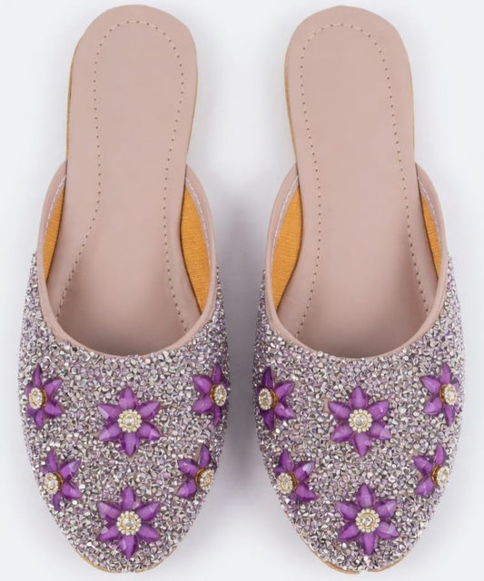 Purple Floral Crystal Embellished Women's Mule Jutti | Zakreen