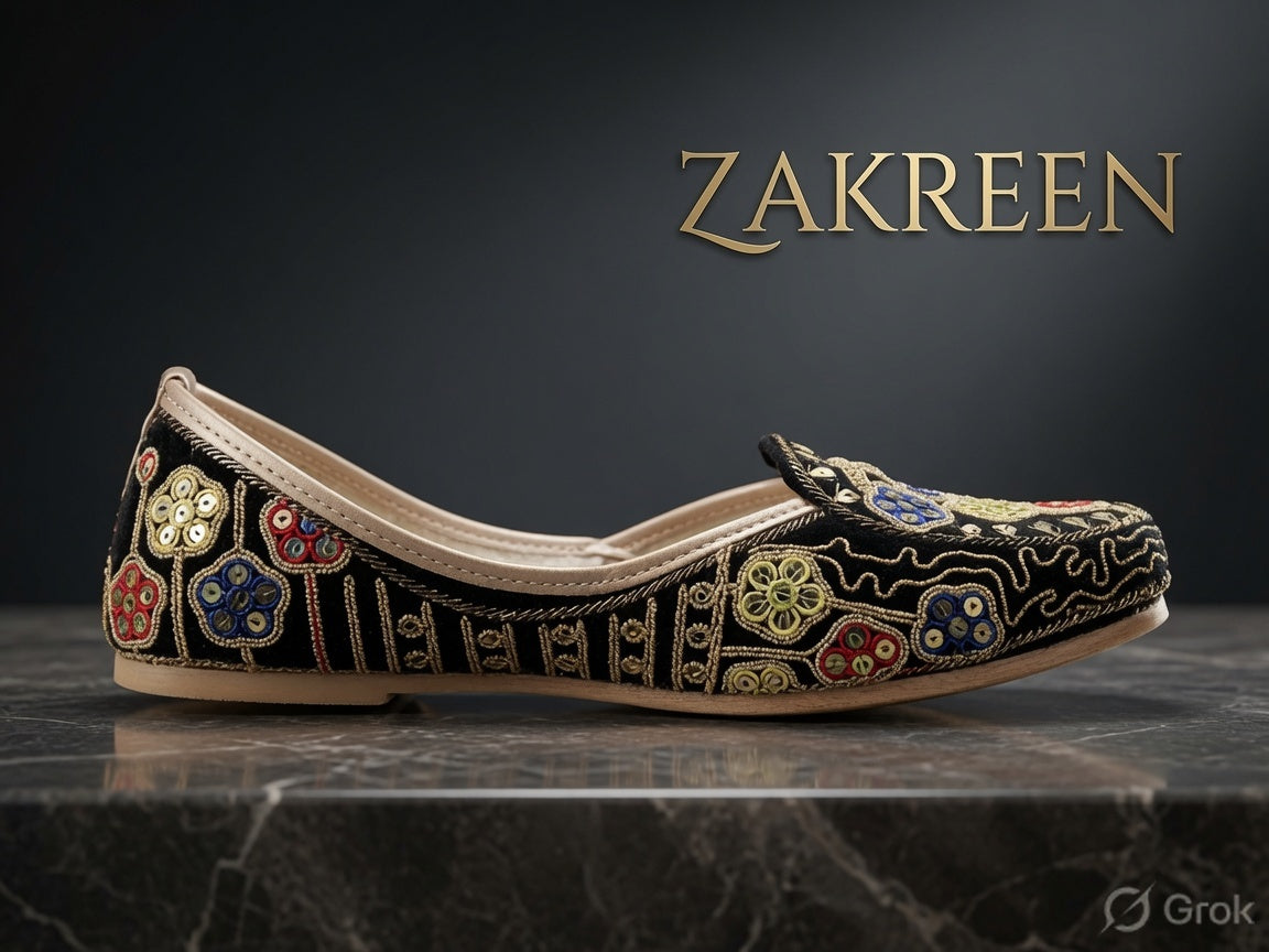Zakreen Women's Premium Black Embroidered Punjabi Jutti | Handcrafted Ethnic Flat Shoes