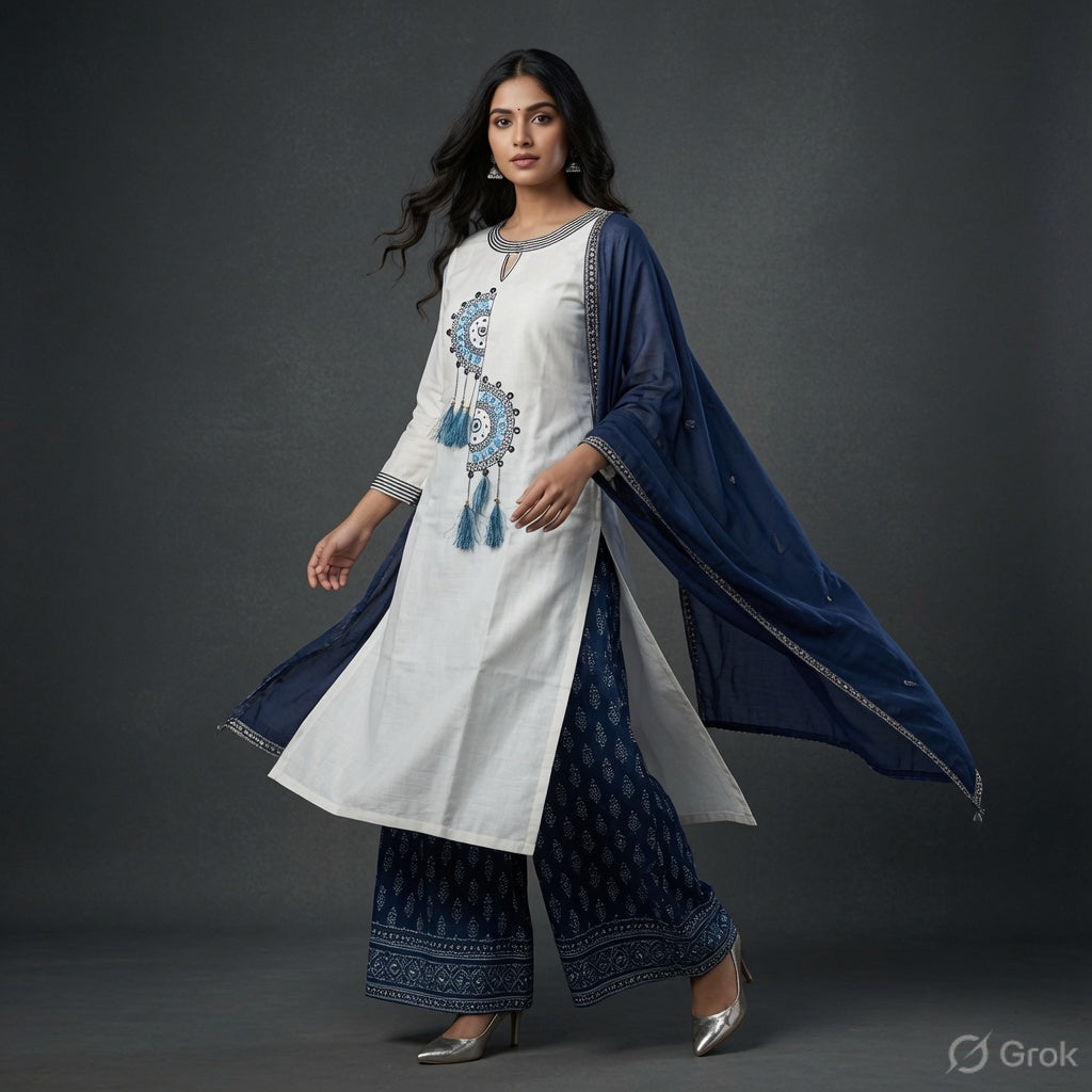 Zakreen White & Navy Blue Printed Kurta Palazzo Set with Dupatta for Women | Elegant Ethnic Wear