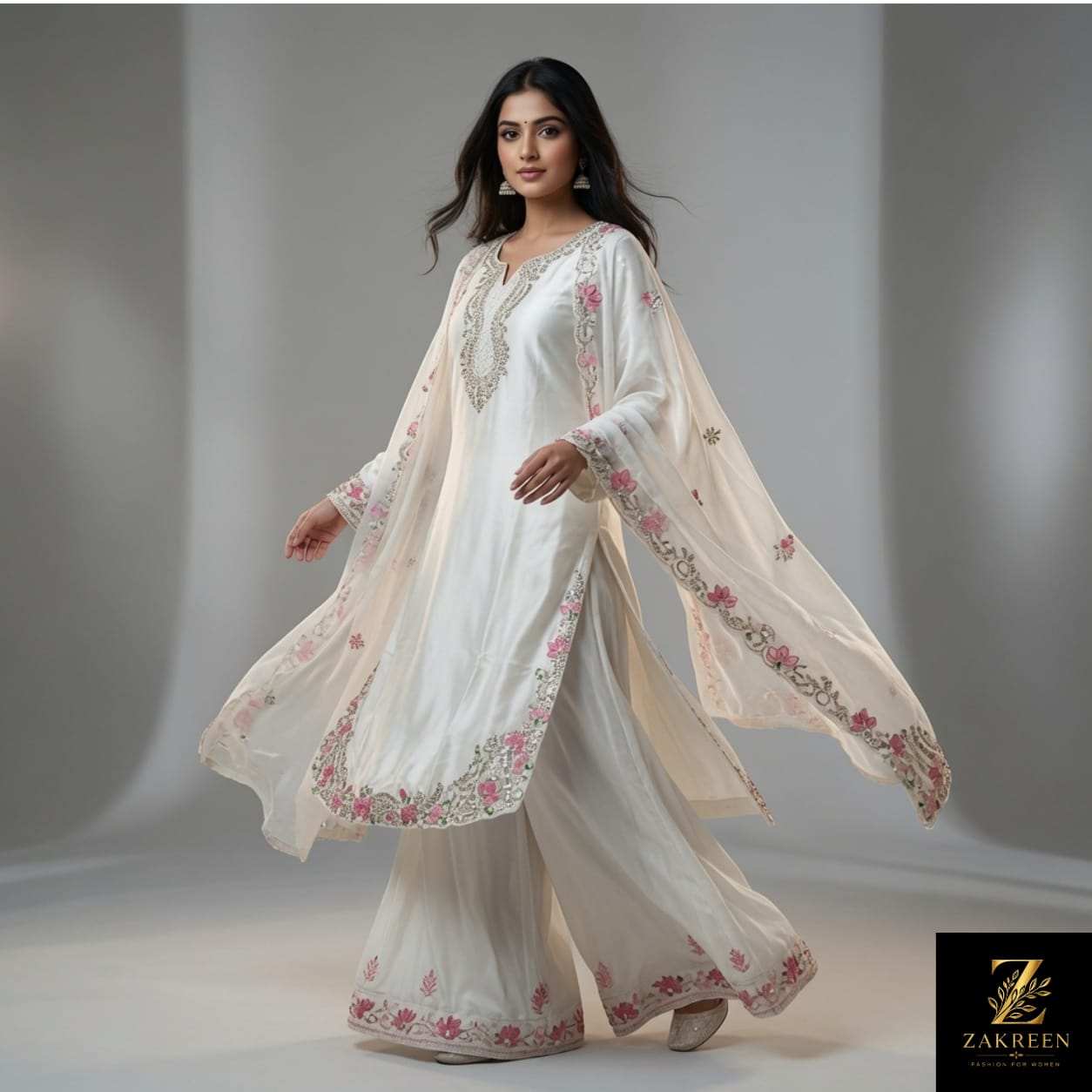 Zakreen Women's White Floral Embroidered Kurta Palazzo with Dupatta Set | Premium 3-Piece Ethnic Suit for Festive, Wedding & Party Wear