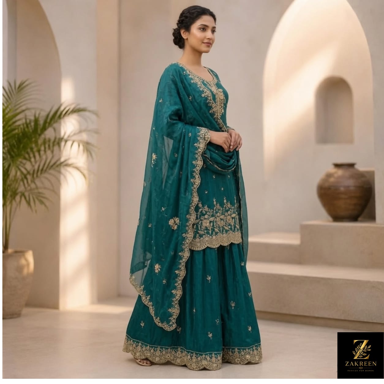 Zakreen Women's Teal Embroidered Kurta Sharara Set with Organza Dupatta | Premium Festive & Wedding Wear