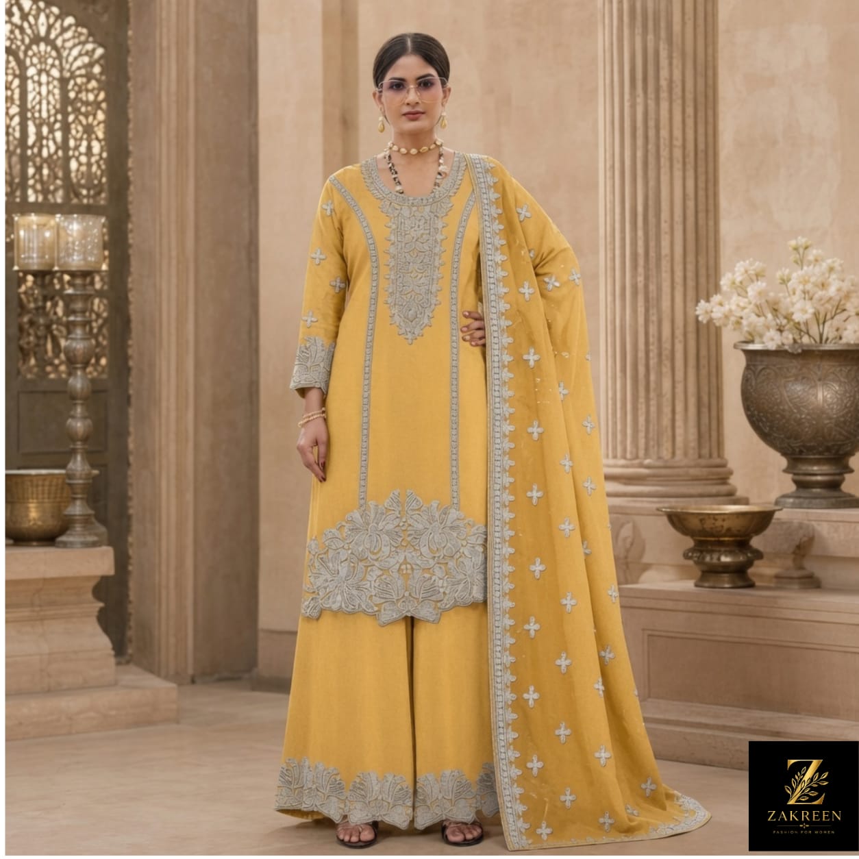 Zakreen Women's Mustard Yellow Embroidered Kurta Palazzo Set with Dupatta | Premium Festive & Wedding Wear