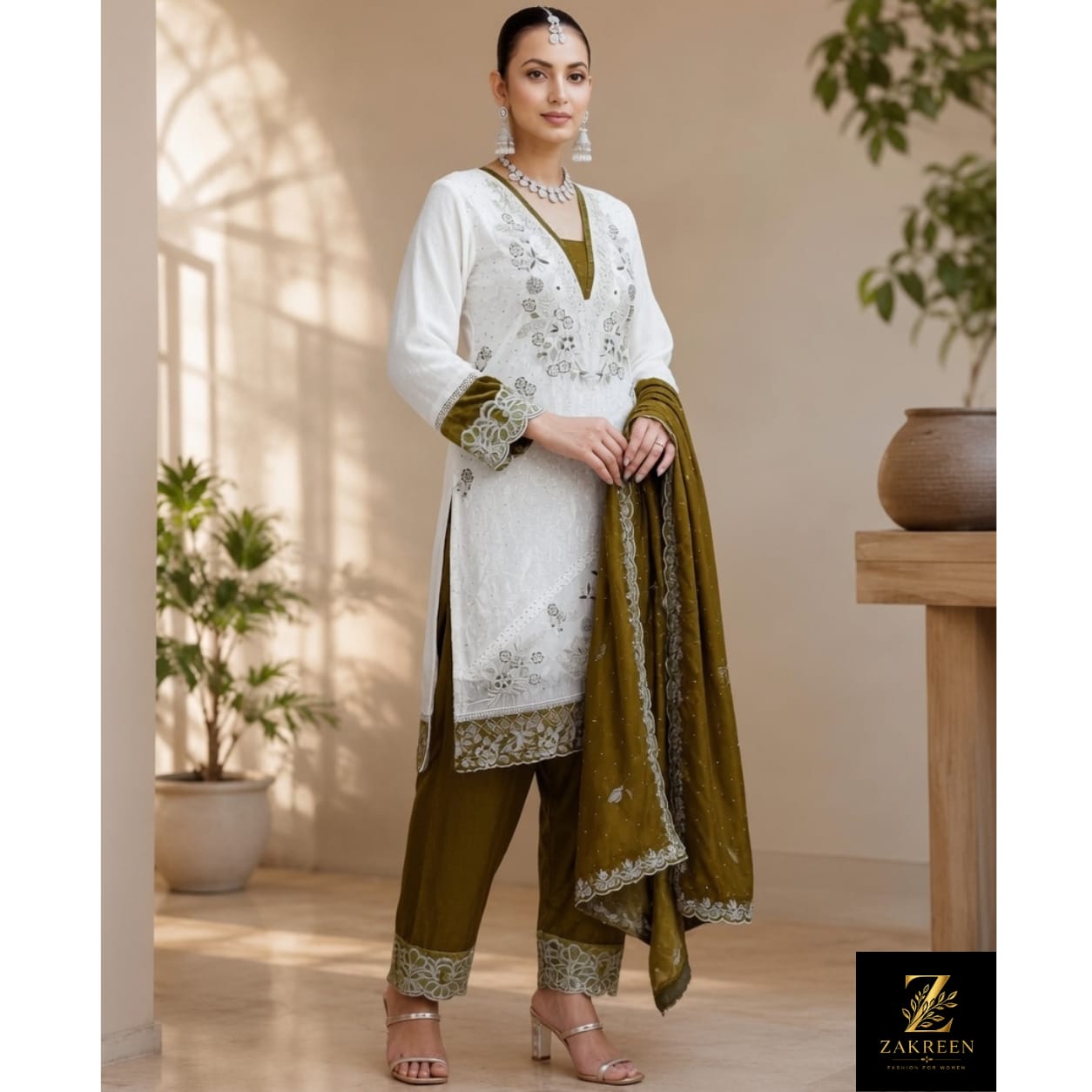 Zakreen Women's White Embroidered Straight Kurta Pant Set with Olive Green Dupatta | Premium Festive & Ethnic Wear