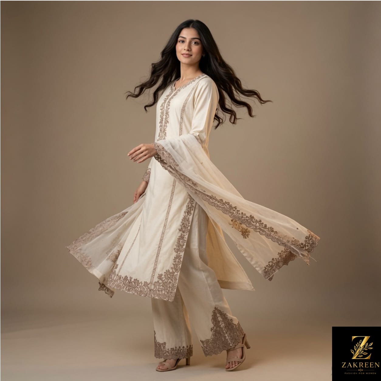 Zakreen Premium Off White Embroidered Kurta Pant with Chiffon Dupatta for Women | Elegant Ethnic Suit Set