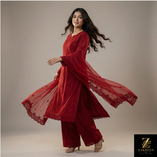 Zakreen Premium Maroon Kurta Pant Set with Net Dupatta for Women | Elegant Party & Festive Wear Ethnic Suit