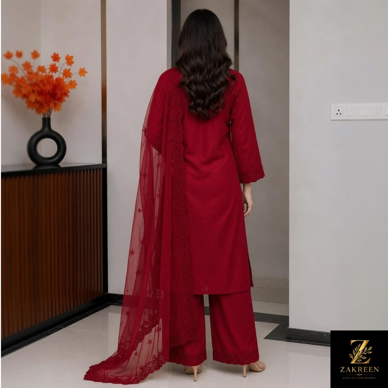Women's Maroon Straight Kurta Palazzo Set with Net Dupatta | Elegant Ethnic Party Wear Suit for Women | Zakreen