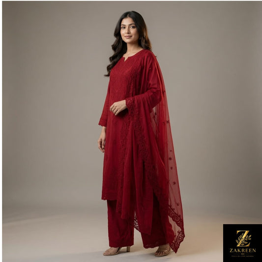 Women's Maroon Straight Kurta Palazzo Set with Net Dupatta | Elegant Ethnic Party Wear Suit for Women | Zakreen