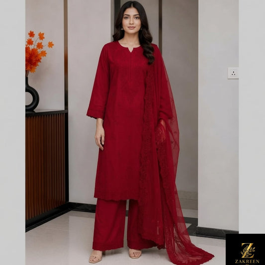 Women's Maroon Straight Kurta Palazzo Set with Net Dupatta | Elegant Ethnic Party Wear Suit for Women | Zakreen