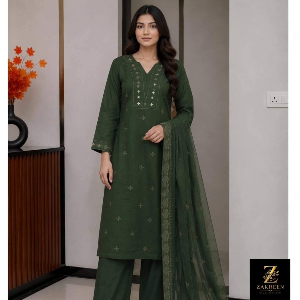 Zakreen Premium Dark Green Embroidered Kurta Pant Set with Dupatta for Women | Elegant Festive & Party Wear Ethnic Suit