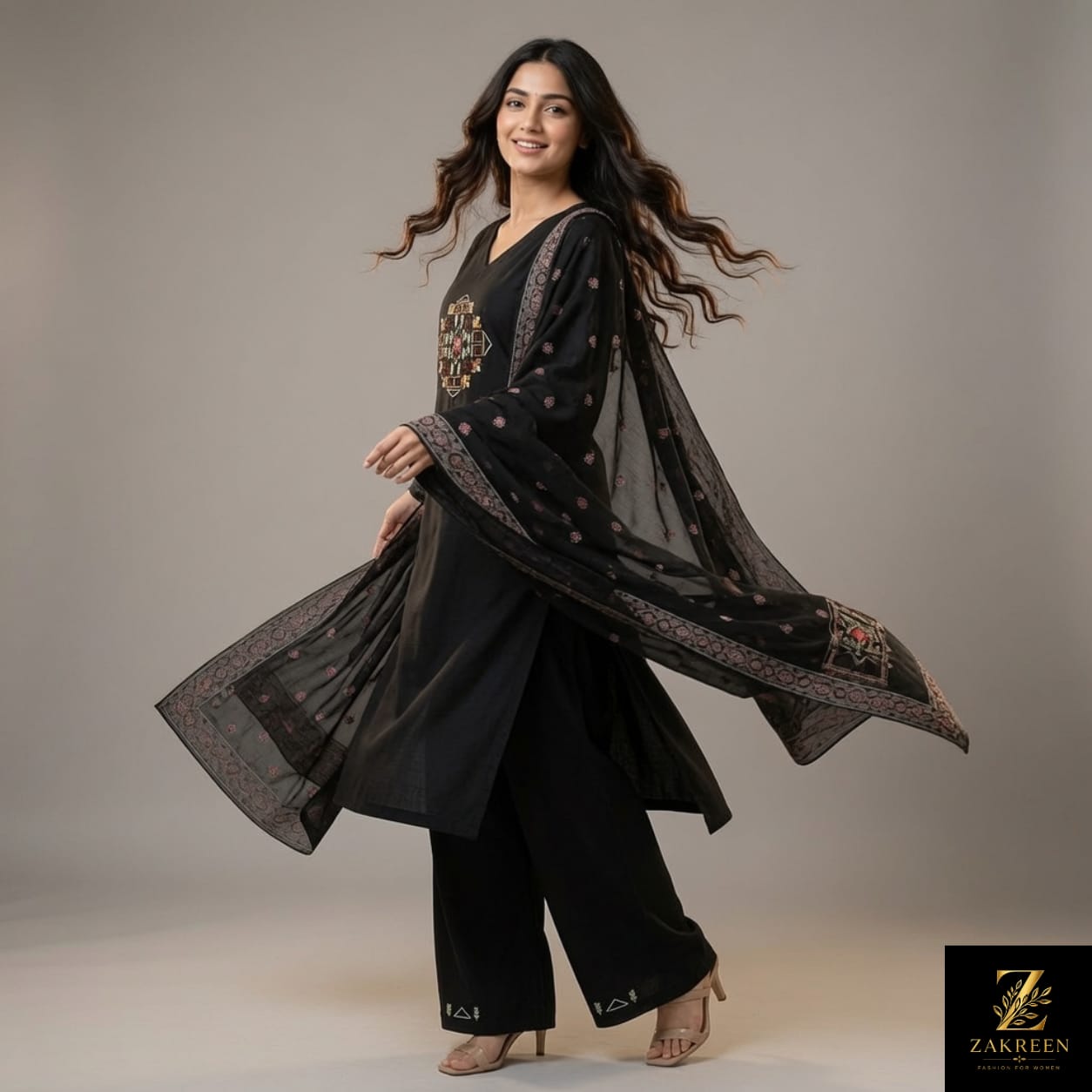Women's Black Embroidered Kurta Palazzo Set with Printed Dupatta | Designer Party Wear Ethnic Suit for Women | Zakreen