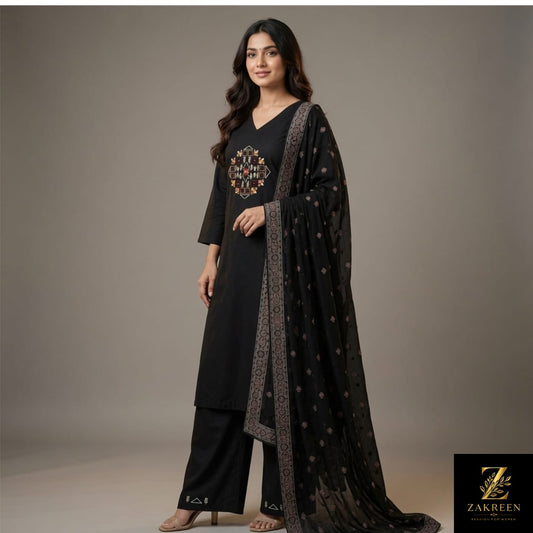 Women's Black Embroidered Kurta Palazzo Set with Printed Dupatta | Designer Party Wear Ethnic Suit for Women | Zakreen