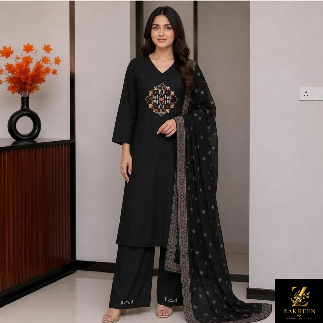 Women's Black Embroidered Kurta Palazzo Set with Printed Dupatta | Designer Party Wear Ethnic Suit for Women | Zakreen