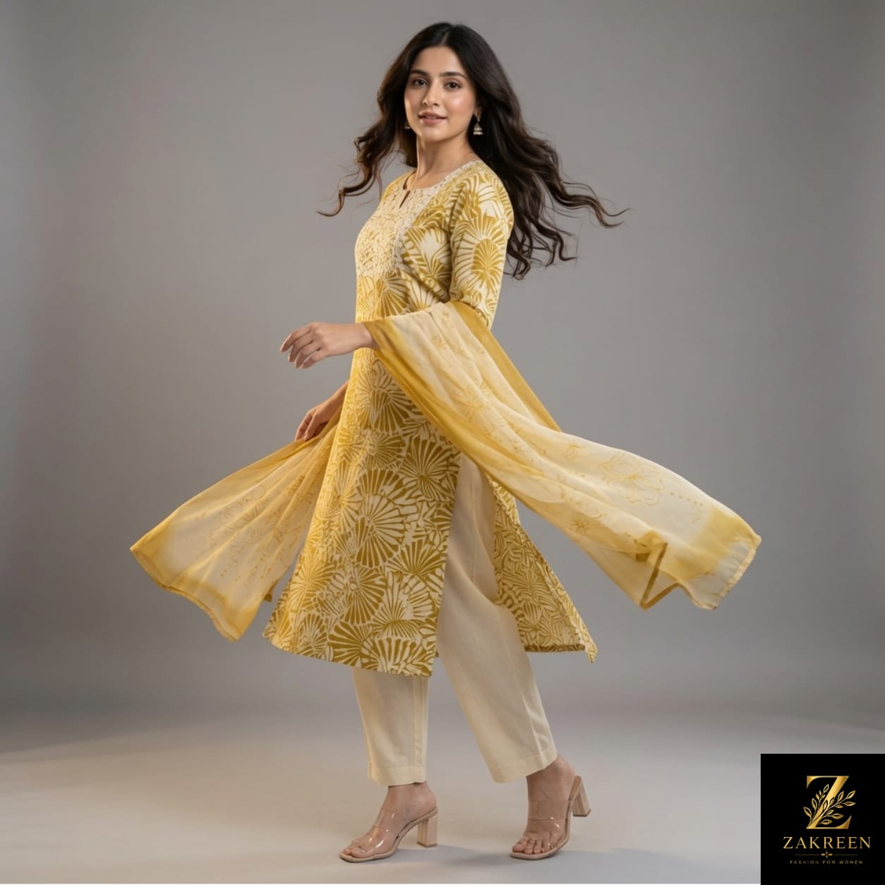 Zakreen Women's Mustard Printed Cotton Kurta Pant Dupatta Set | Elegant Ethnic Wear for Casual, Office & Festive Look
