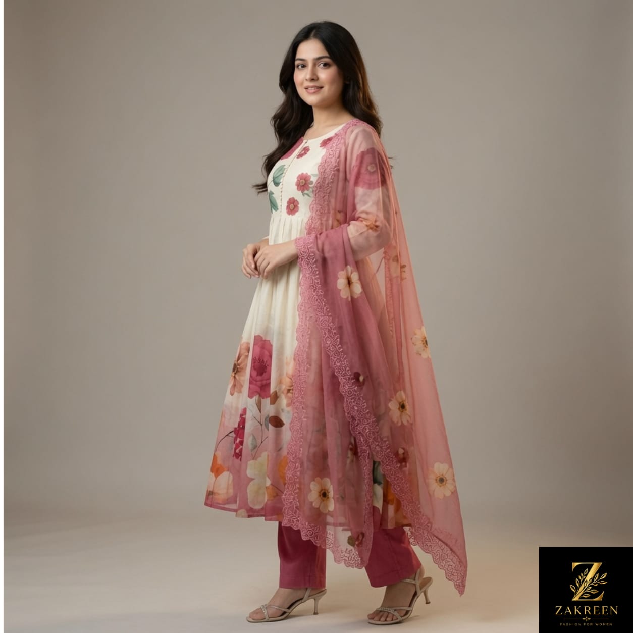 Zakreen Women's Floral Printed Anarkali Kurta Pant Dupatta Set | Elegant Cream & Pink Ethnic Wear for Festive, Party & Casual Look