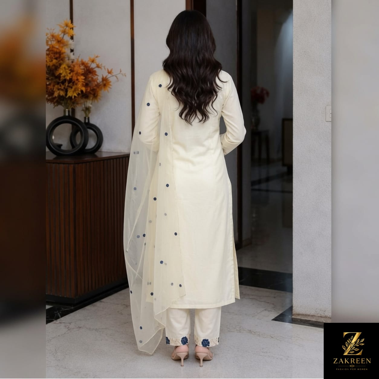 Women's Cream Embroidered Kurta Pant Set with Net Dupatta | Elegant Ethnic Party Wear Suit for Women | Zakreen