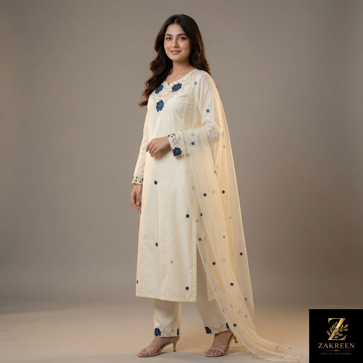 Women's Cream Embroidered Kurta Pant Set with Net Dupatta | Elegant Ethnic Party Wear Suit for Women | Zakreen