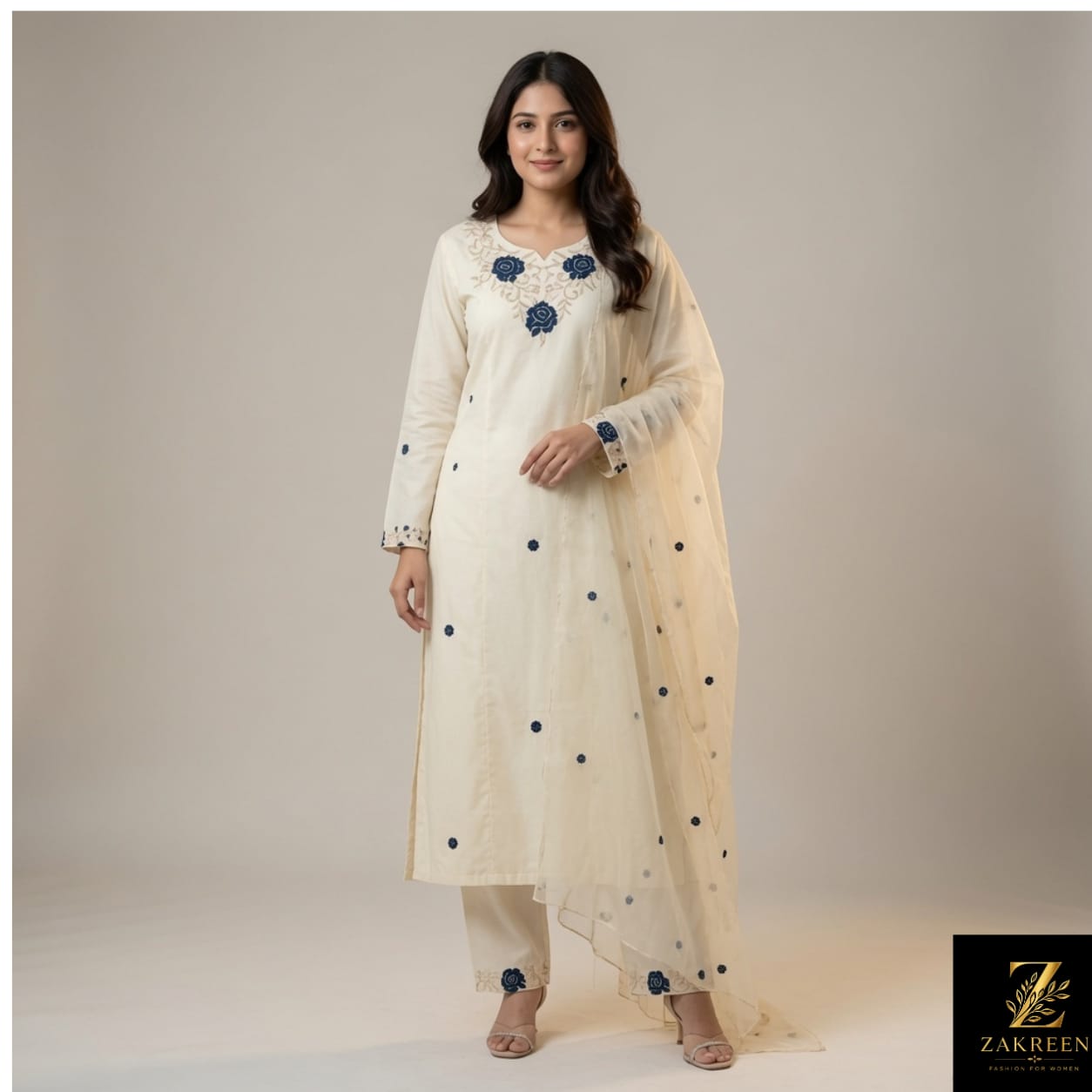 Zakreen Women's Off-White Embroidered Kurta Pant Dupatta Set | Elegant Cotton Blend Ethnic Wear for Festive, Office & Casual Wear