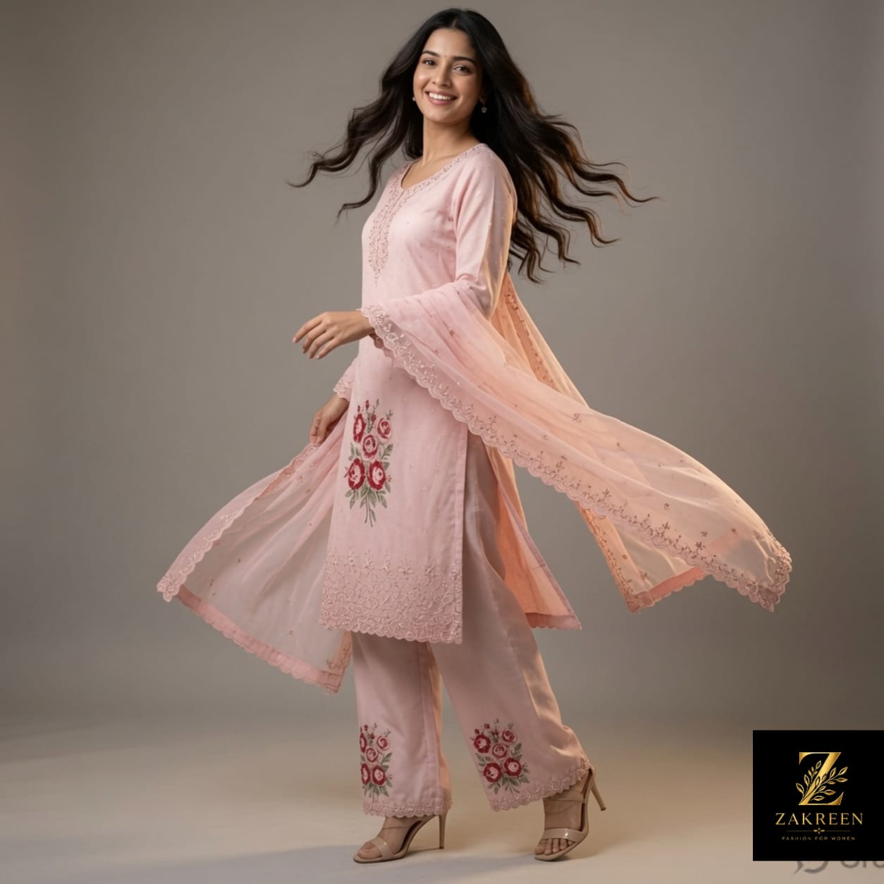 Women's Light Pink Floral Embroidered Kurta Palazzo Set with Net Dupatta | Designer Party Wear Ethnic Suit for Women | Zakreen