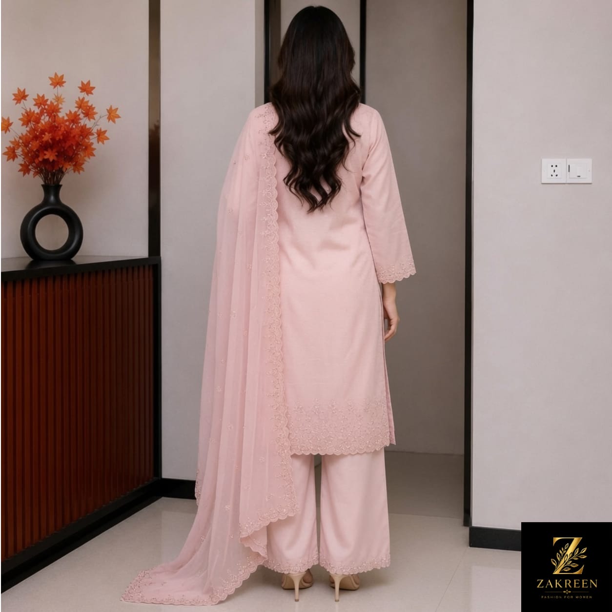 Women's Light Pink Floral Embroidered Kurta Palazzo Set with Net Dupatta | Designer Party Wear Ethnic Suit for Women | Zakreen