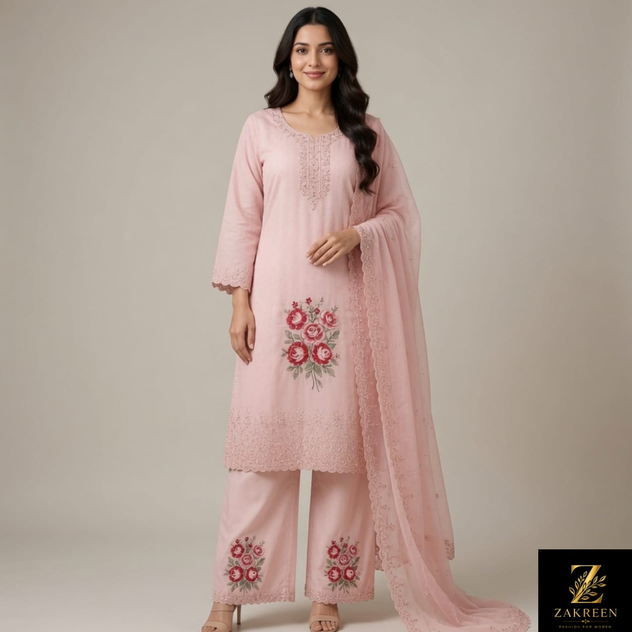 Women's Light Pink Floral Embroidered Kurta Palazzo Set with Net Dupatta | Designer Party Wear Ethnic Suit for Women | Zakreen