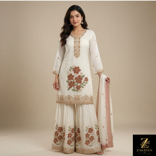 Zakreen Women's Off White Floral Printed Kurta Sharara Set with Dupatta | Festive & Party Wear Ethnic Suit