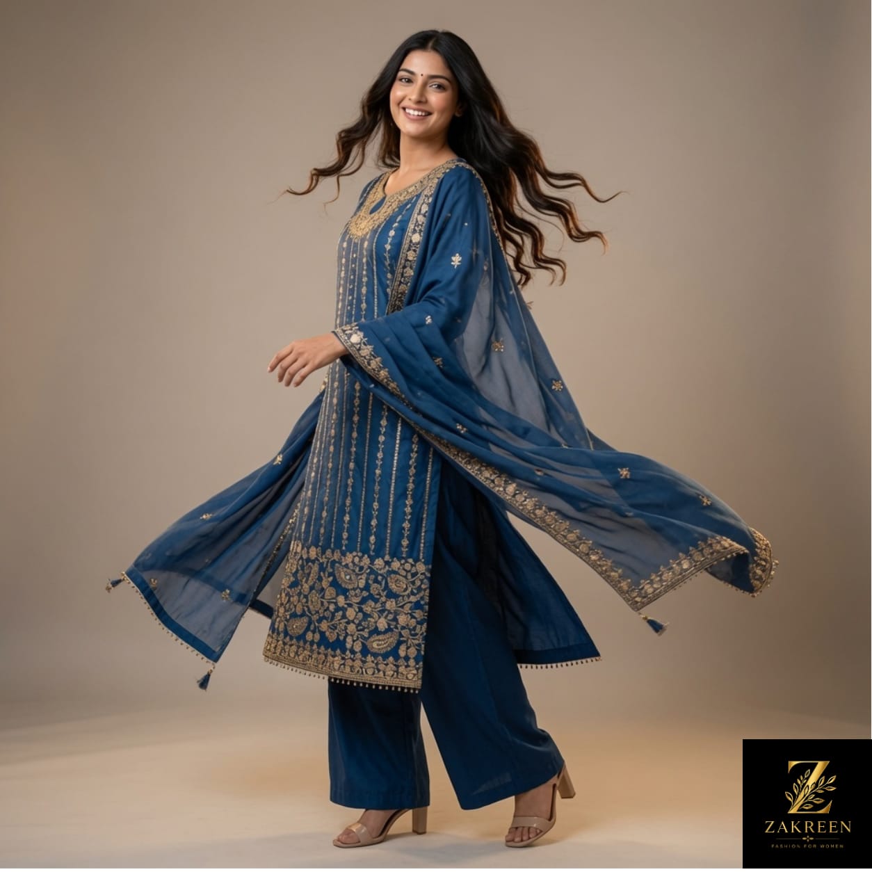 Women's Teal Blue Embroidered Kurta Palazzo Set with Dupatta | Designer Party Wear Ethnic Suit for Women | Zakreen