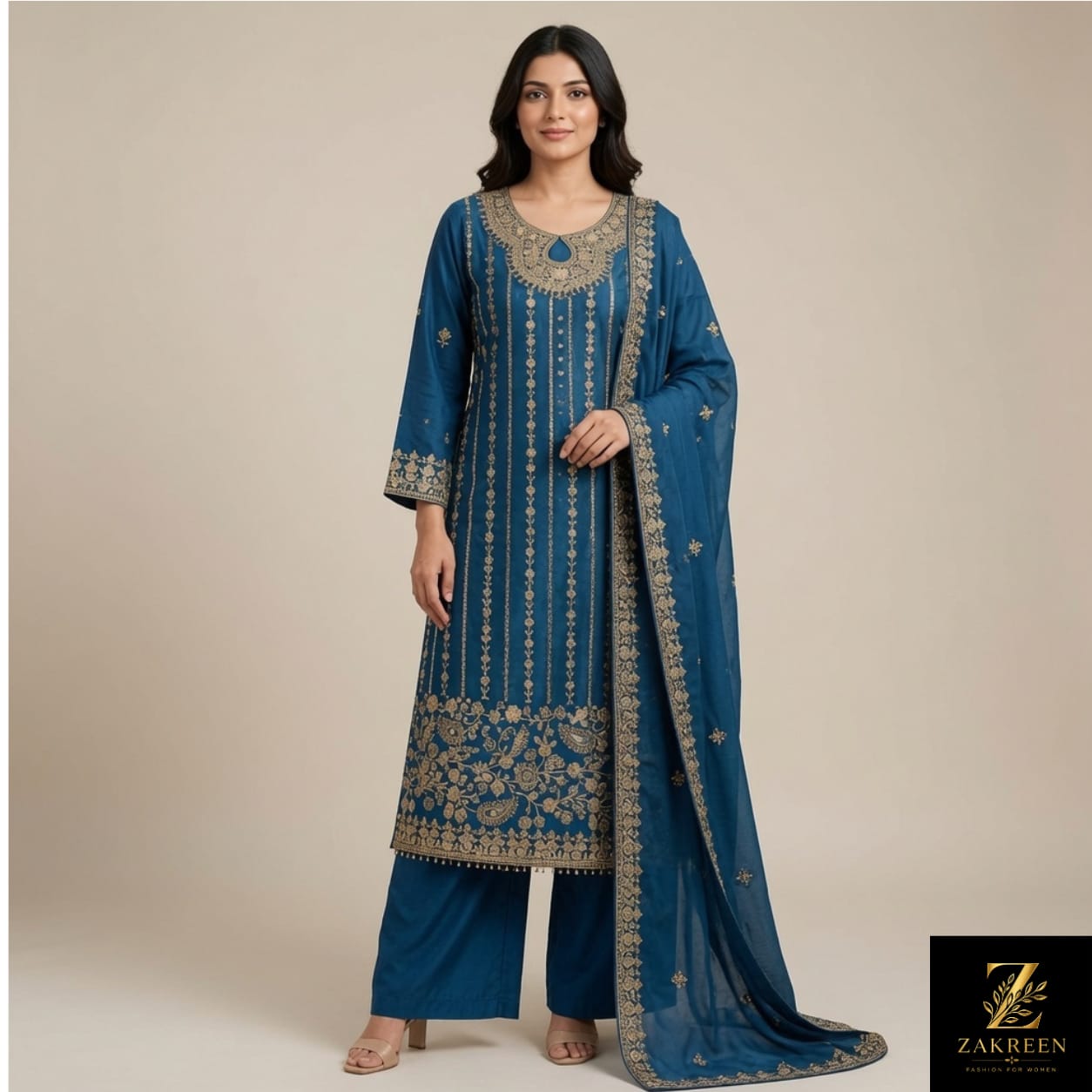 Women's Teal Blue Embroidered Kurta Palazzo Set with Dupatta | Designer Party Wear Ethnic Suit for Women | Zakreen