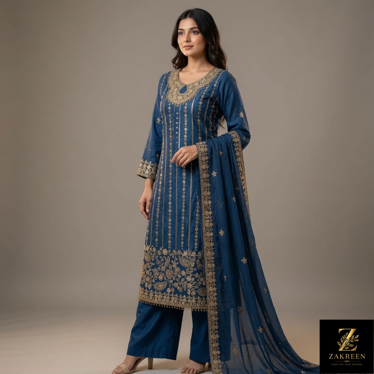 Zakreen Women's Royal Blue Embroidered Kurta Pant Set with Chiffon Dupatta | Festive & Party Wear Ethnic Suit