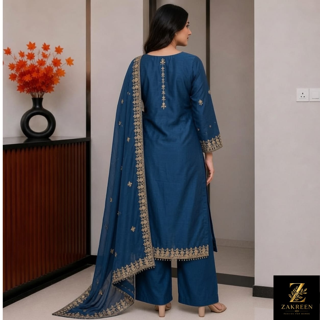 Women's Teal Blue Embroidered Kurta Palazzo Set with Dupatta | Designer Party Wear Ethnic Suit for Women | Zakreen
