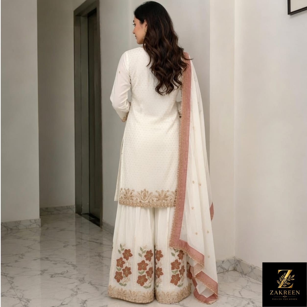 Women's White Floral Embroidered Kurta Sharara Set with Dupatta | Premium Party Wear Ethnic Suit for Women | Zakreen
