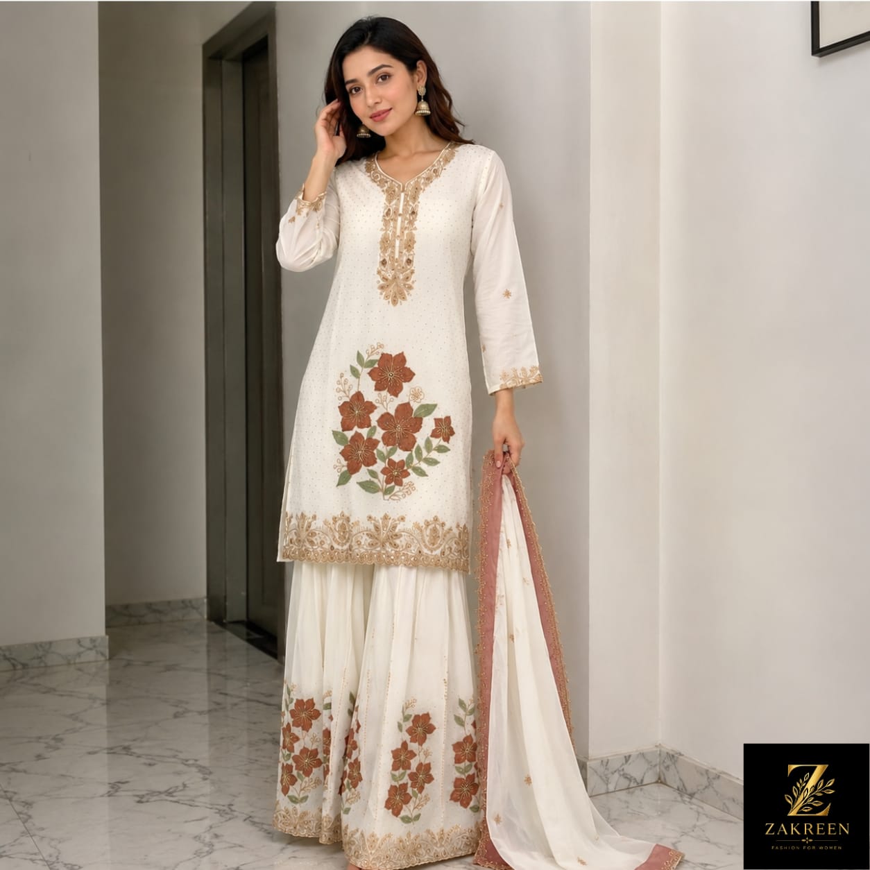 Women's White Floral Embroidered Kurta Sharara Set with Dupatta | Premium Party Wear Ethnic Suit for Women | Zakreen