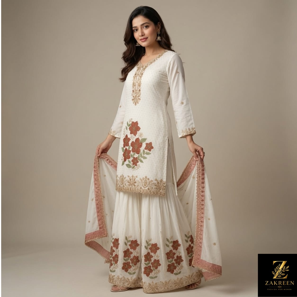 Women's White Floral Embroidered Kurta Sharara Set with Dupatta | Premium Party Wear Ethnic Suit for Women | Zakreen