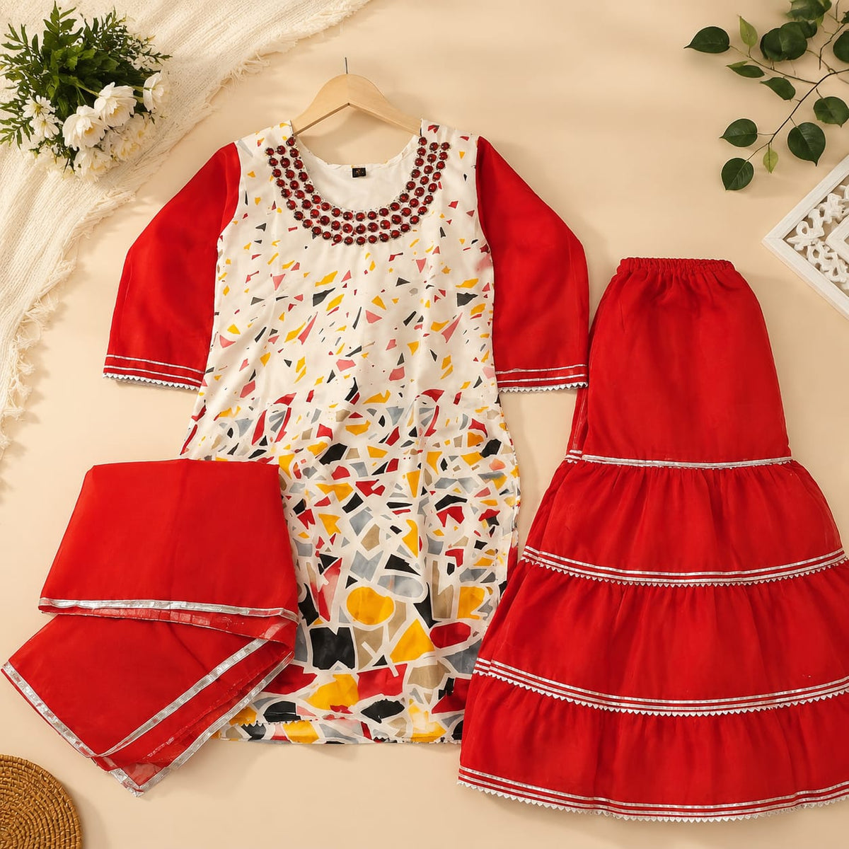 Red Printed Anarkali Suit Set with Embroidered Neckline & Dupatta
