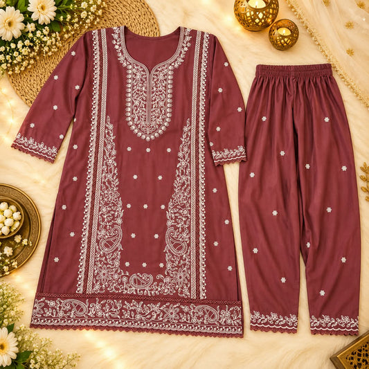 Premium Pakistani Cutwork Embroidery Co-ord Set for Women | Mauve Floral Thread Work Suit