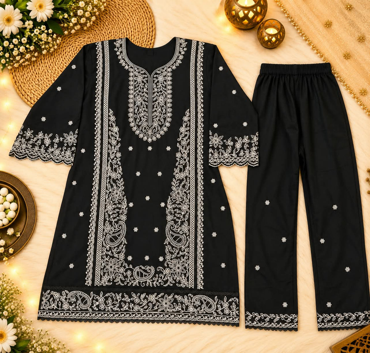Premium Black Pakistani Embroidered Co-ord Set for Women | White Floral Thread Work Dress