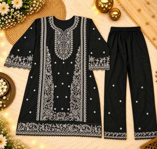 Premium Black Pakistani Embroidered Co-ord Set for Women | White Floral Thread Work Dress
